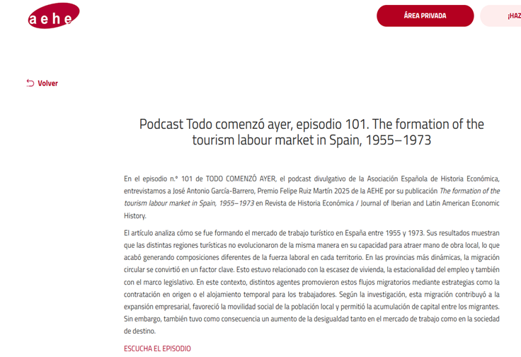Podcast Todo comenzó ayer, episodio 101. The formation of the tourism labour market in Spain, 1955–1973 (In Spanish)